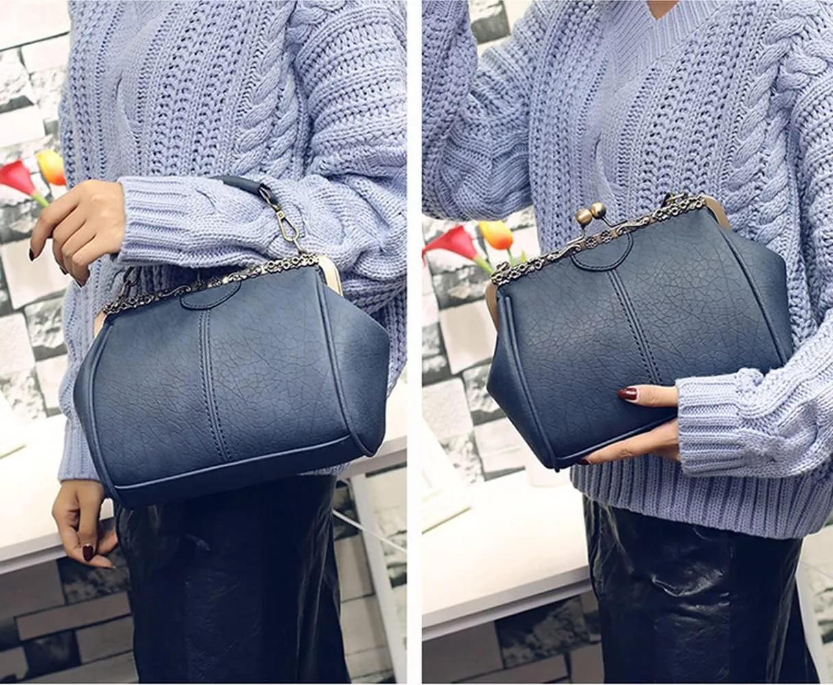 Women's Retro Handbag Kiss Lock Shoulder Purse PU Leather Tote Satchel with Lace