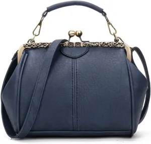 Women's Retro Handbag Kiss Lock Shoulder Purse PU Leather Tote Satchel with Lace