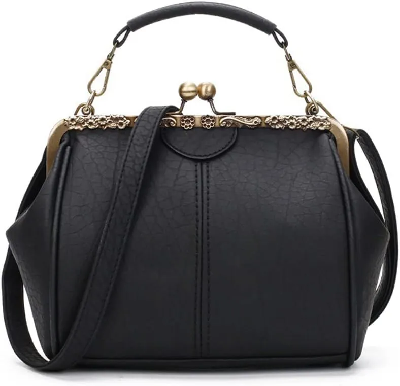 Women's Retro Handbag Kiss Lock Shoulder Purse PU Leather Tote Satchel with Lace