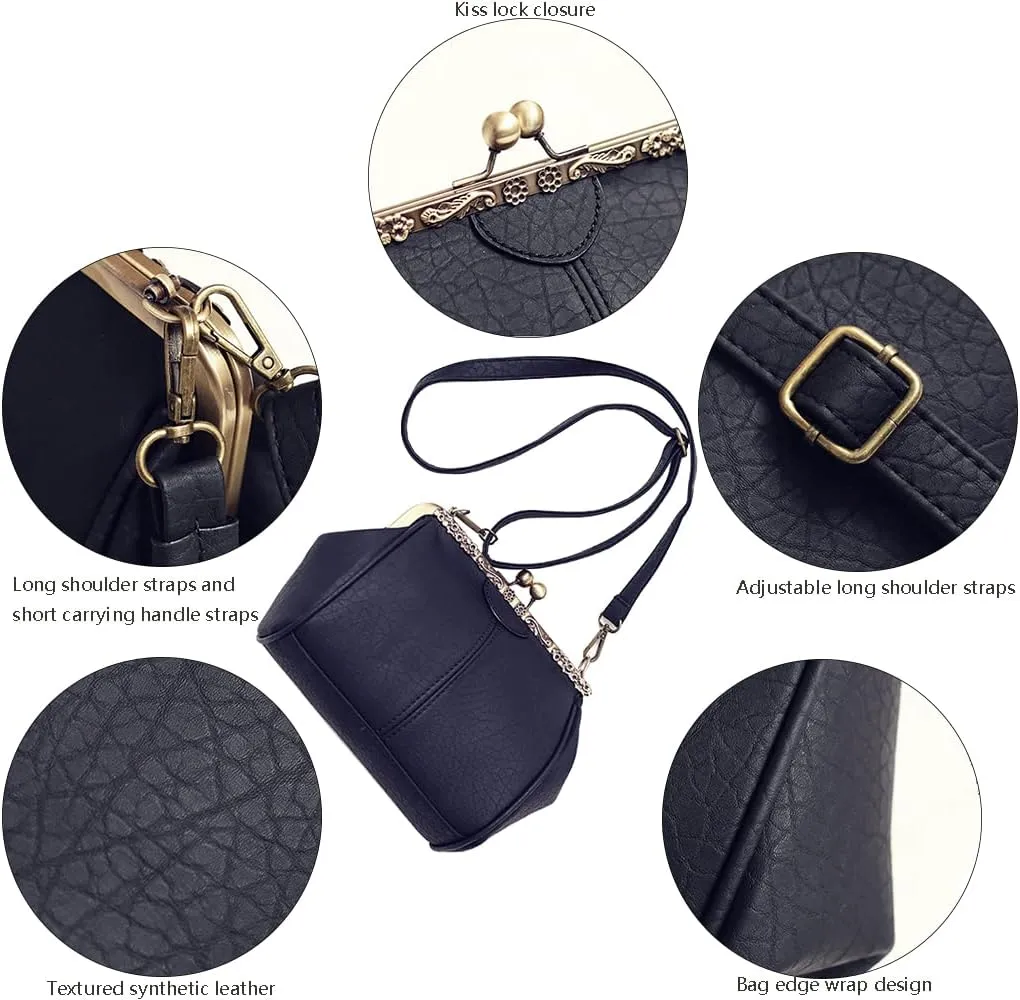 Women's Retro Handbag Kiss Lock Shoulder Purse PU Leather Tote Satchel with Lace