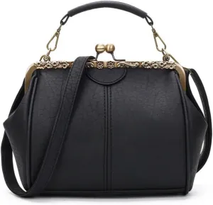 Women's Retro Handbag Kiss Lock Shoulder Purse PU Leather Tote Satchel with Lace