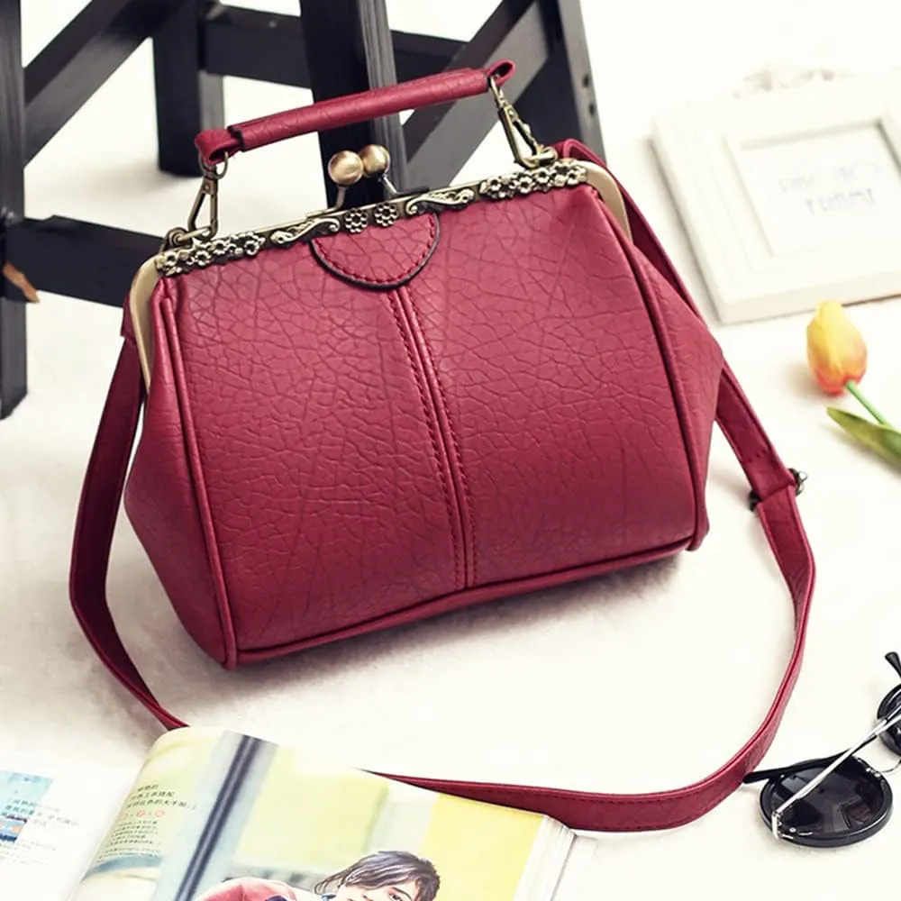 Women's Retro Handbag Kiss Lock Shoulder Purse PU Leather Tote Satchel with Lace