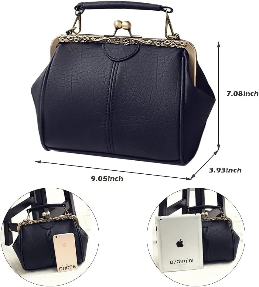 Women's Retro Handbag Kiss Lock Shoulder Purse PU Leather Tote Satchel with Lace