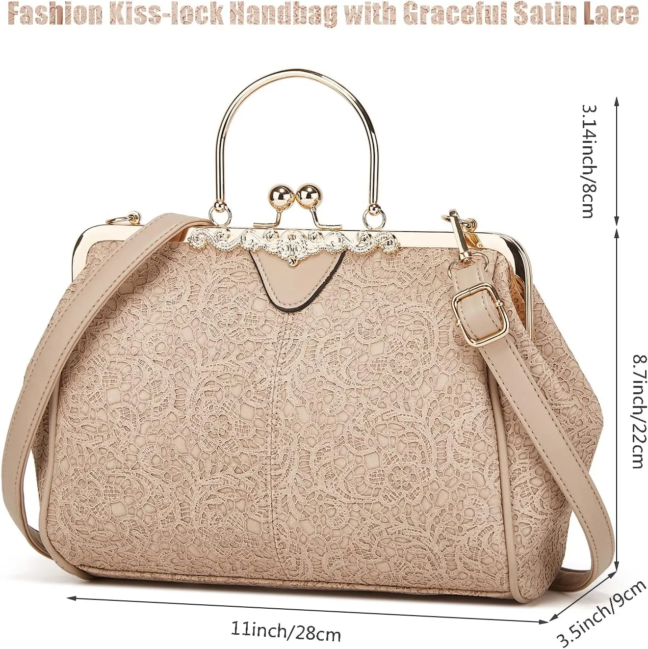 Women's Retro Handbag Kiss Lock Shoulder Purse PU Leather Tote Satchel with Lace