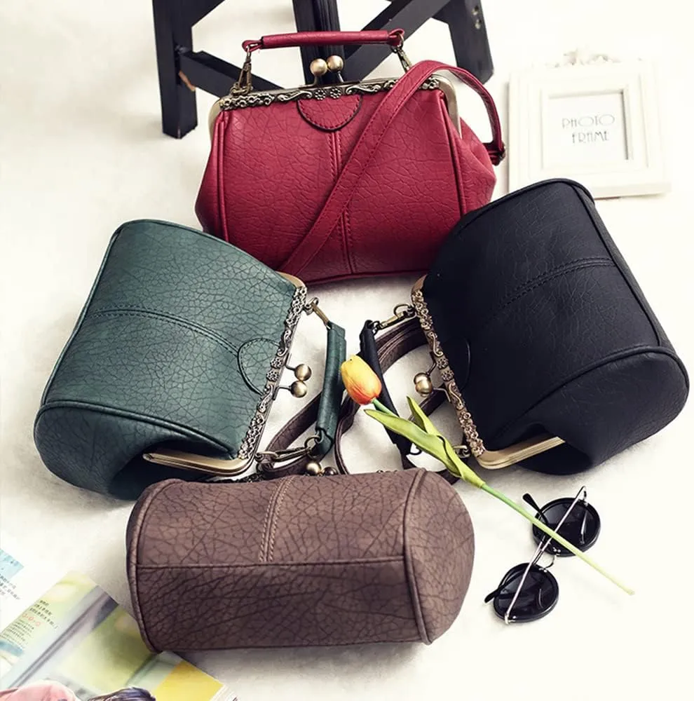 Women's Retro Handbag Kiss Lock Shoulder Purse PU Leather Tote Satchel with Lace