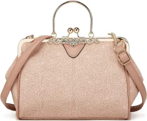 Women's Retro Handbag Kiss Lock Shoulder Purse PU Leather Tote Satchel with Lace