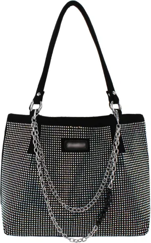 Womens Rhinestones Shoulder Tote Bag Faux Suede Crystal Glitter Handbag Top Handle with Chains Underarm Satchel