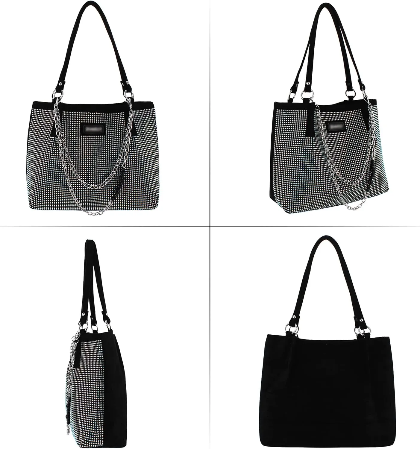 Womens Rhinestones Shoulder Tote Bag Faux Suede Crystal Glitter Handbag Top Handle with Chains Underarm Satchel