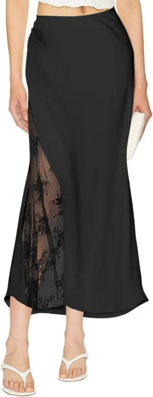 Women's Satin Silk Skirts A Line Flowy Ruffle Floral Lace Splicing Cocktail Party Maxi Long Skirt
