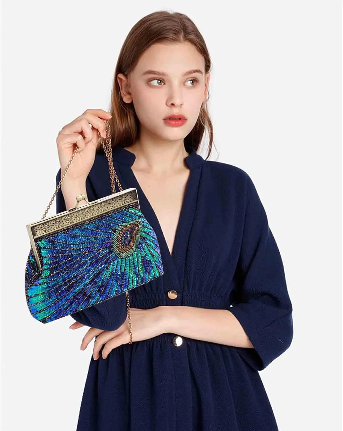 Womens Sequin Beaded Evening Bag Vintage Peacock Clutch Bags Wedding Party Handbag Clutch Purse for Women