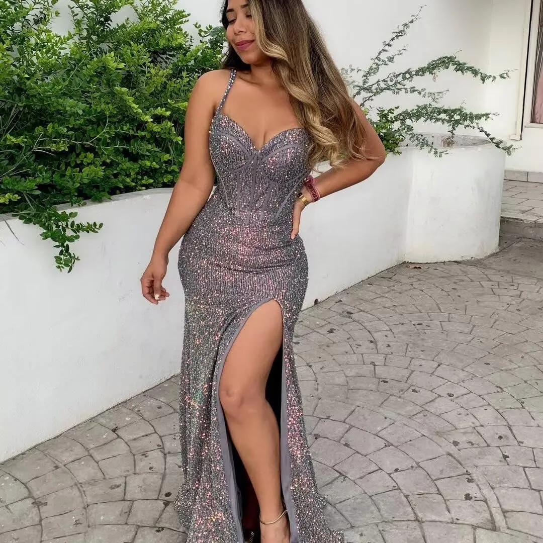 Women's Sequin Mermaid Prom Dresses Long with Slit Spaghetti Straps Formal Party Dresses XOD011