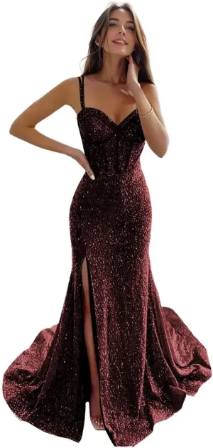 Women's Sequin Mermaid Prom Dresses Long with Slit Spaghetti Straps Formal Party Dresses XOD011