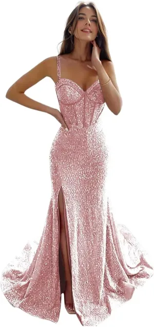 Women's Sequin Mermaid Prom Dresses Long with Slit Spaghetti Straps Formal Party Dresses XOD011