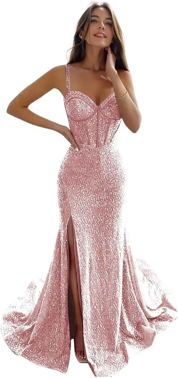 Women's Sequin Mermaid Prom Dresses Long with Slit Spaghetti Straps Formal Party Dresses XOD011