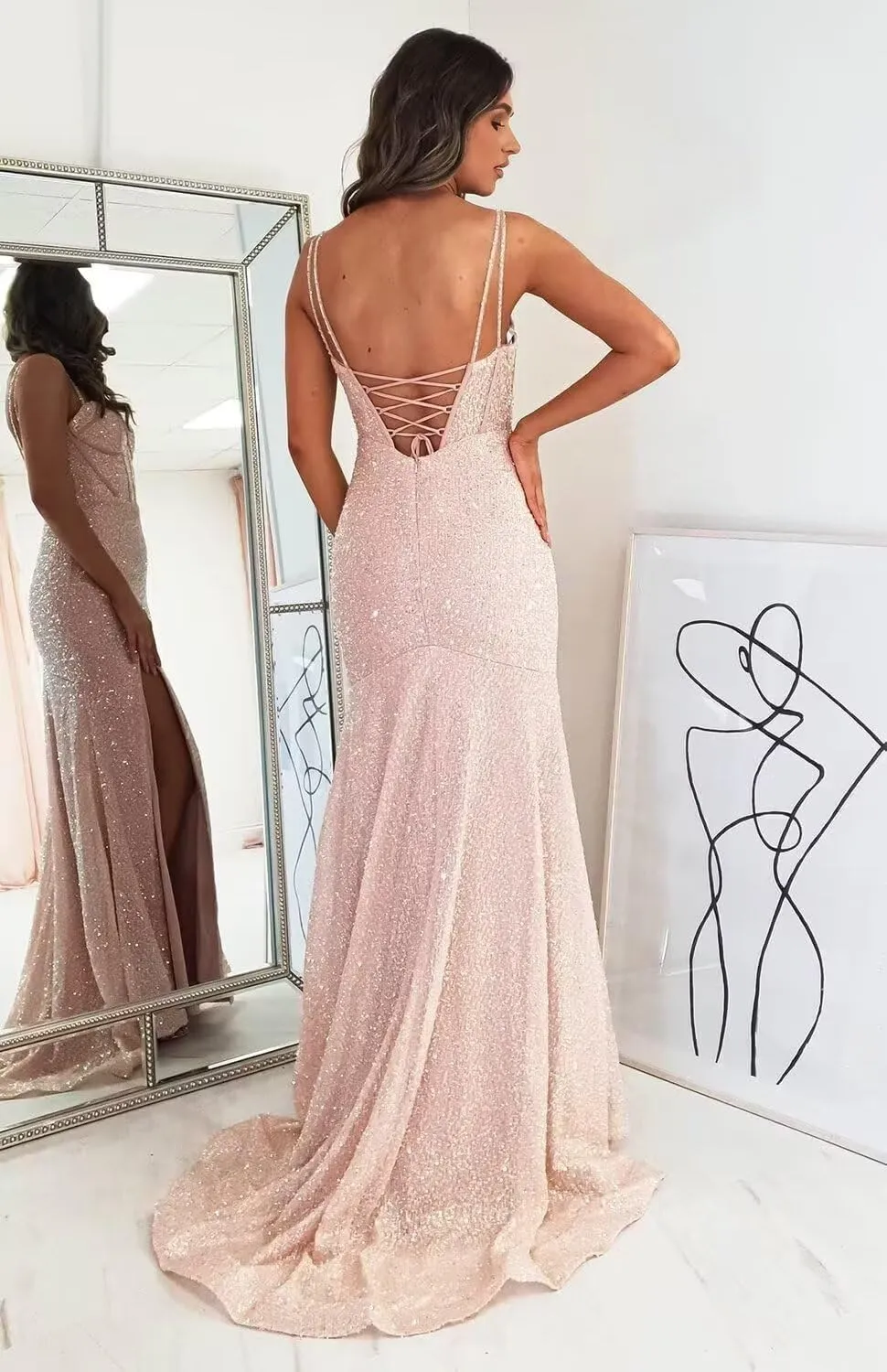 Women's Sequin Mermaid Prom Dresses Long with Slit Spaghetti Straps Formal Party Dresses XOD011