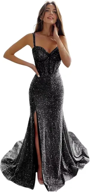 Women's Sequin Mermaid Prom Dresses Long with Slit Spaghetti Straps Formal Party Dresses XOD011