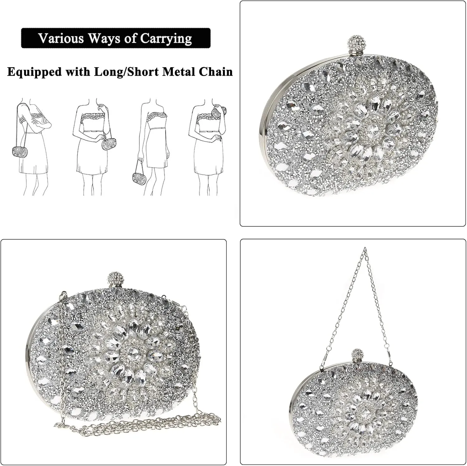 Womens Sparkly Rhinestone Glitter Clutch Purse Evening Handbag Shoulder Bag for Wedding Party Prom