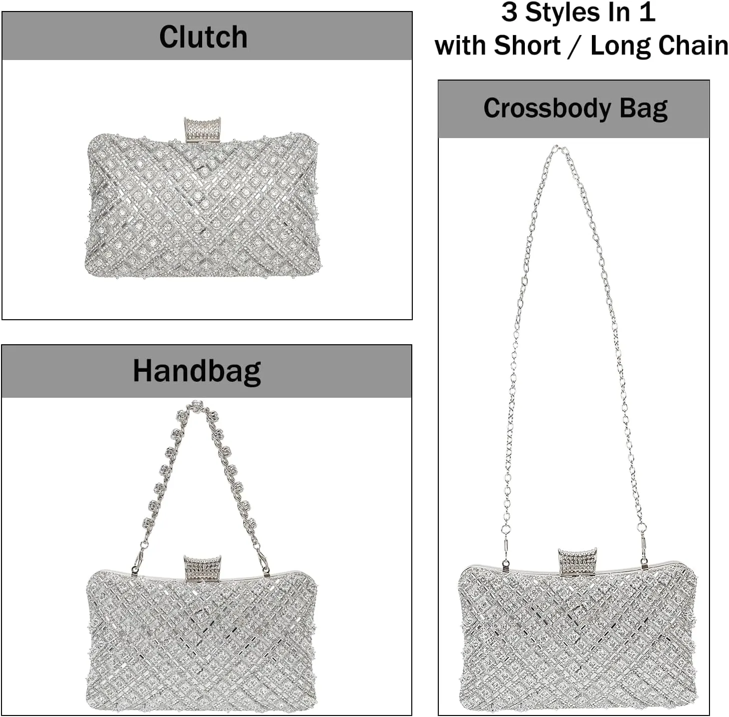 Womens Sparkly Rhinestone Sequin Glitter bag Clutch Evening Handbag Shoulder Bags Purse for Wedding Party Prom