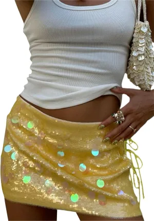 Women's Sparkly Sequins Bodycon Mini Skirts Sexy Side Split Tie Up Low Rise Skirt Fashion Short Hip Party Skirt
