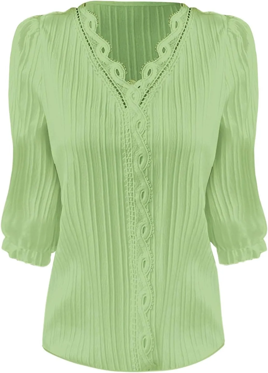 Womens Spring Tops 2025 Trendy Casual Elegant Textured Solid Blouses Lace V Neck 3/4 Puff Sleeve Pullover Tunic Tops