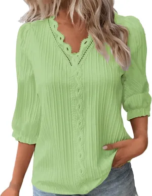 Womens Spring Tops 2025 Trendy Casual Elegant Textured Solid Blouses Lace V Neck 3/4 Puff Sleeve Pullover Tunic Tops