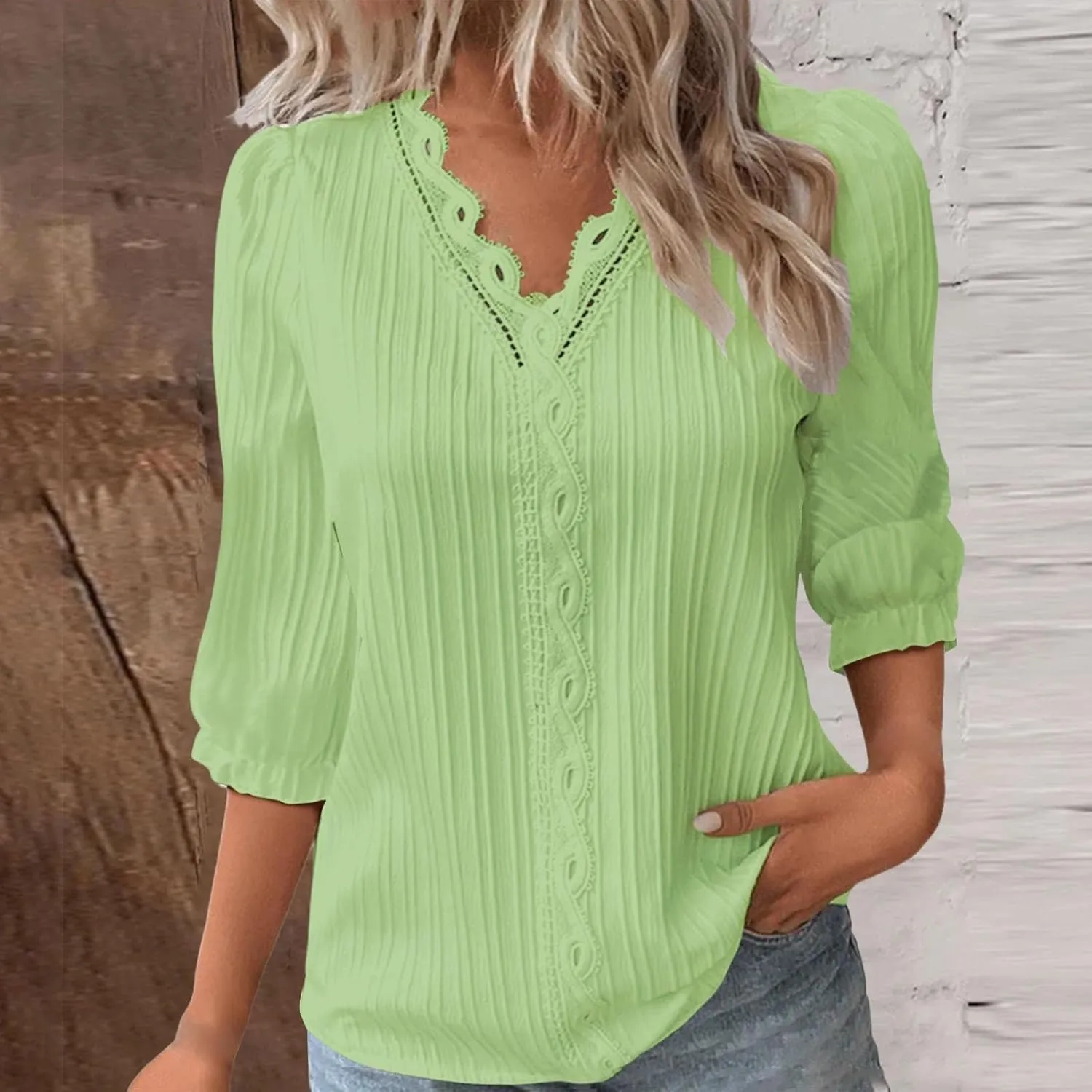 Womens Spring Tops 2025 Trendy Casual Elegant Textured Solid Blouses Lace V Neck 3/4 Puff Sleeve Pullover Tunic Tops