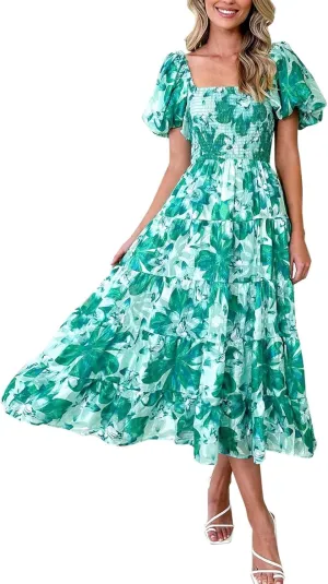 Womens Summer Off Shoulder Maxi Dress Puff Sleeve A Line Flowy Ruffle Swing Long Dresses