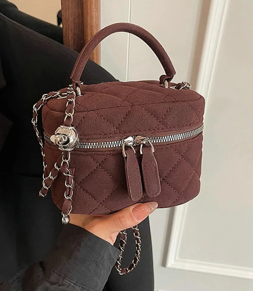 Women’s Trendy Quilted Crossbody Bag Suede Square Box Mini Chain Strap Shoulder Bag Top Handle Purse Cute Tote Handbag