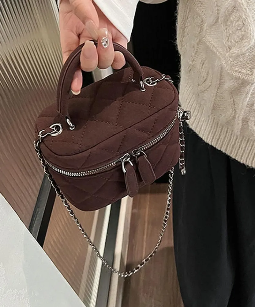 Women’s Trendy Quilted Crossbody Bag Suede Square Box Mini Chain Strap Shoulder Bag Top Handle Purse Cute Tote Handbag