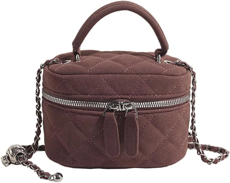 Women’s Trendy Quilted Crossbody Bag Suede Square Box Mini Chain Strap Shoulder Bag Top Handle Purse Cute Tote Handbag