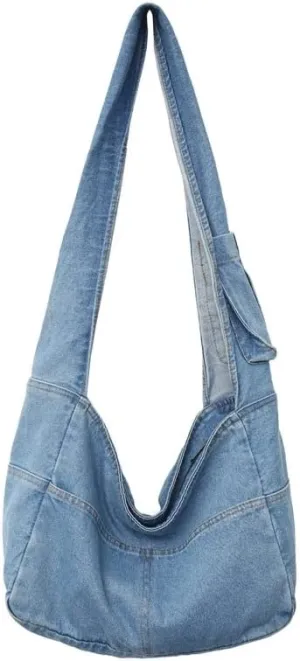 Women's Vintage Denim Bag Retro Tote Bag Y2K Hppie Classic Harajuku Messenger Bag Casual Hobo Denim Handbag (Blue)