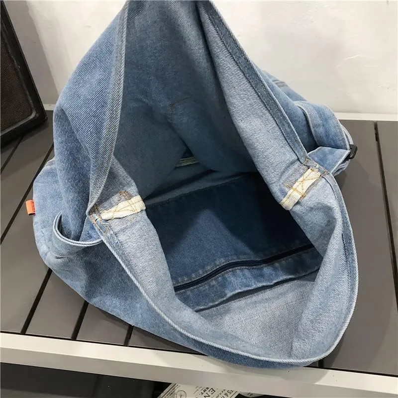 Women's Vintage Denim Bag Retro Tote Bag Y2K Hppie Classic Harajuku Messenger Bag Casual Hobo Denim Handbag (Blue)