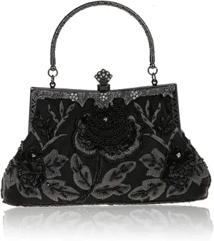 Womens Vintage Floral Beaded Rhinestone Embroidery Clutch Sequin Crossbody Bag Evening Handbag for Bridal Wedding Party Prom