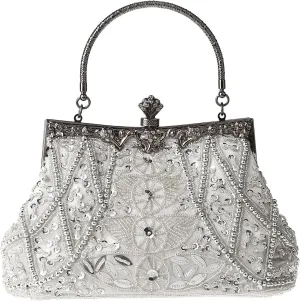 Womens Vintage Floral Beaded Rhinestone Embroidery Clutch Sequin Crossbody Bag Evening Handbag for Bridal Wedding Party Prom