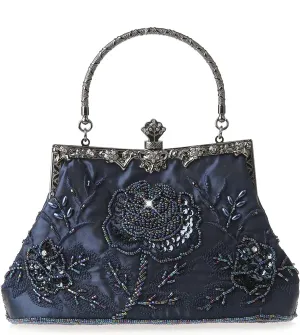 Womens Vintage Floral Beaded Rhinestone Embroidery Clutch Sequin Crossbody Bag Evening Handbag for Bridal Wedding Party Prom