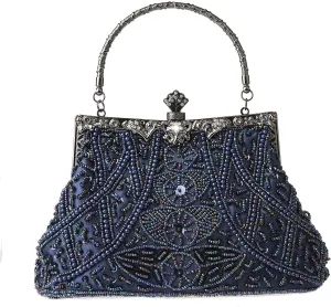 Womens Vintage Floral Beaded Rhinestone Embroidery Clutch Sequin Crossbody Bag Evening Handbag for Bridal Wedding Party Prom