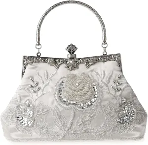 Womens Vintage Floral Beaded Rhinestone Embroidery Clutch Sequin Crossbody Bag Evening Handbag for Bridal Wedding Party Prom