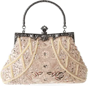 Womens Vintage Floral Beaded Rhinestone Embroidery Clutch Sequin Crossbody Bag Evening Handbag for Bridal Wedding Party Prom