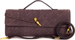 Women's Woven Suede and PU Leather Clutch Purse - Elegant Top-Handle Shoulder Crossbody Evening Bag with Detachable Strap