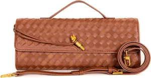 Women's Woven Suede and PU Leather Clutch Purse - Elegant Top-Handle Shoulder Crossbody Evening Bag with Detachable Strap
