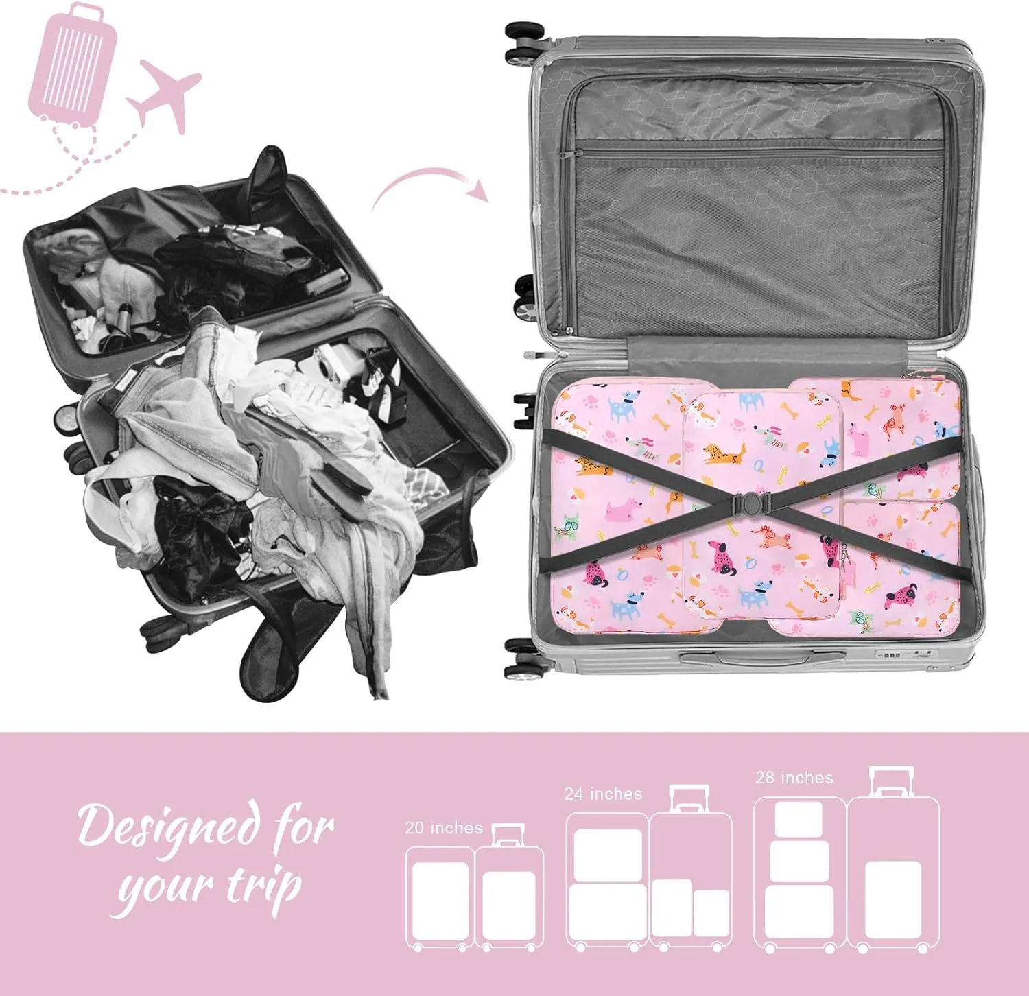 WOOMADA Compression Packing Cubes for Suitcases Travel Essentials 4 Set Expandable Travel Bags Organizer for Luggage(pink dog)