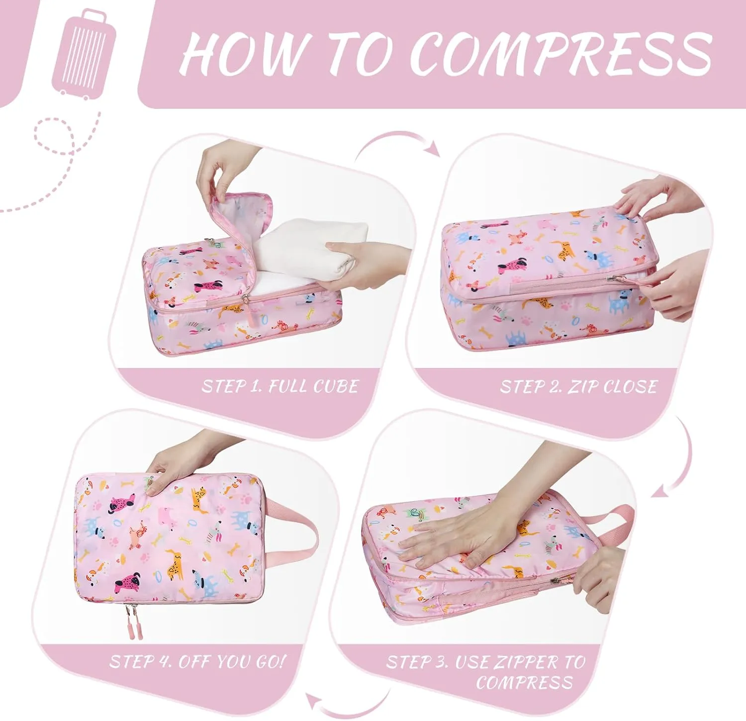 WOOMADA Compression Packing Cubes for Suitcases Travel Essentials 4 Set Expandable Travel Bags Organizer for Luggage(pink dog)