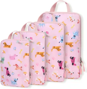 WOOMADA Compression Packing Cubes for Suitcases Travel Essentials 4 Set Expandable Travel Bags Organizer for Luggage(pink dog)