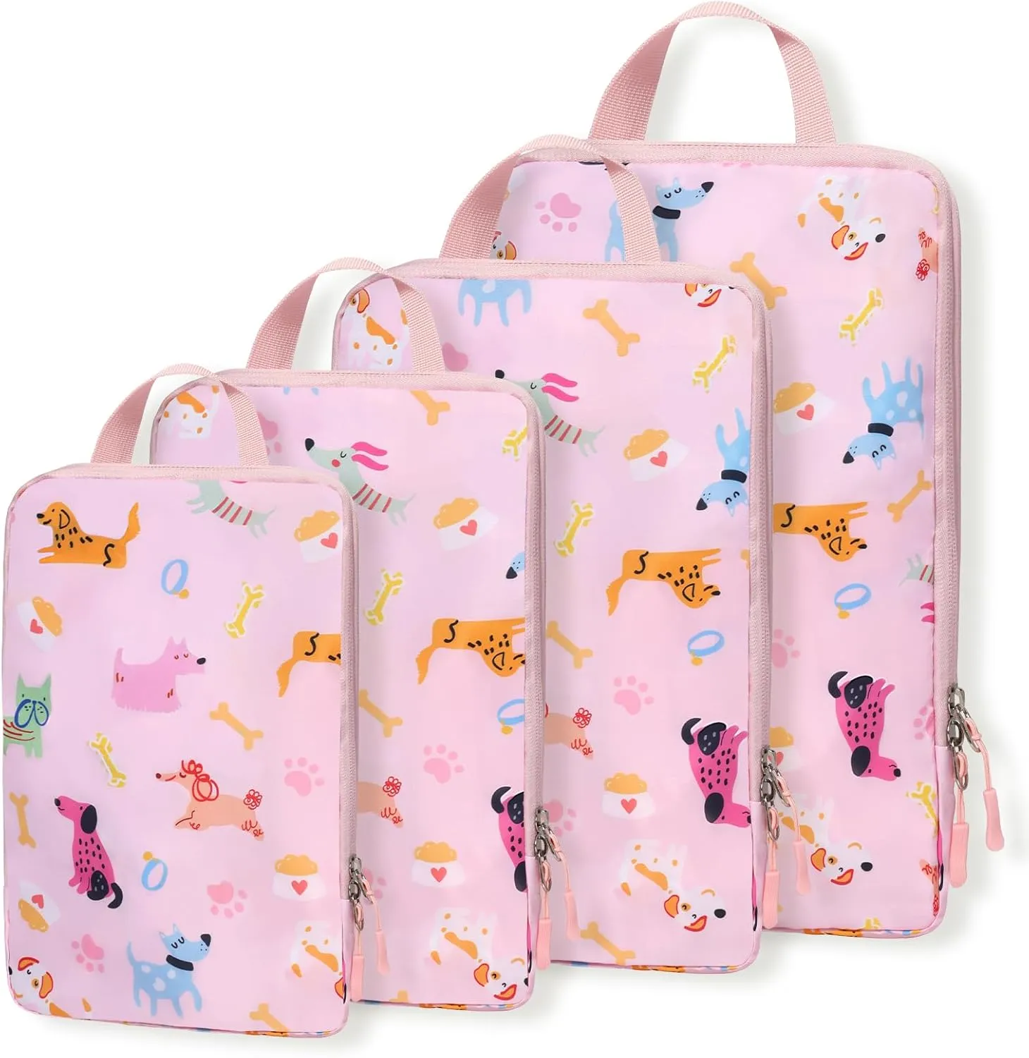 WOOMADA Compression Packing Cubes for Suitcases Travel Essentials 4 Set Expandable Travel Bags Organizer for Luggage(pink dog)
