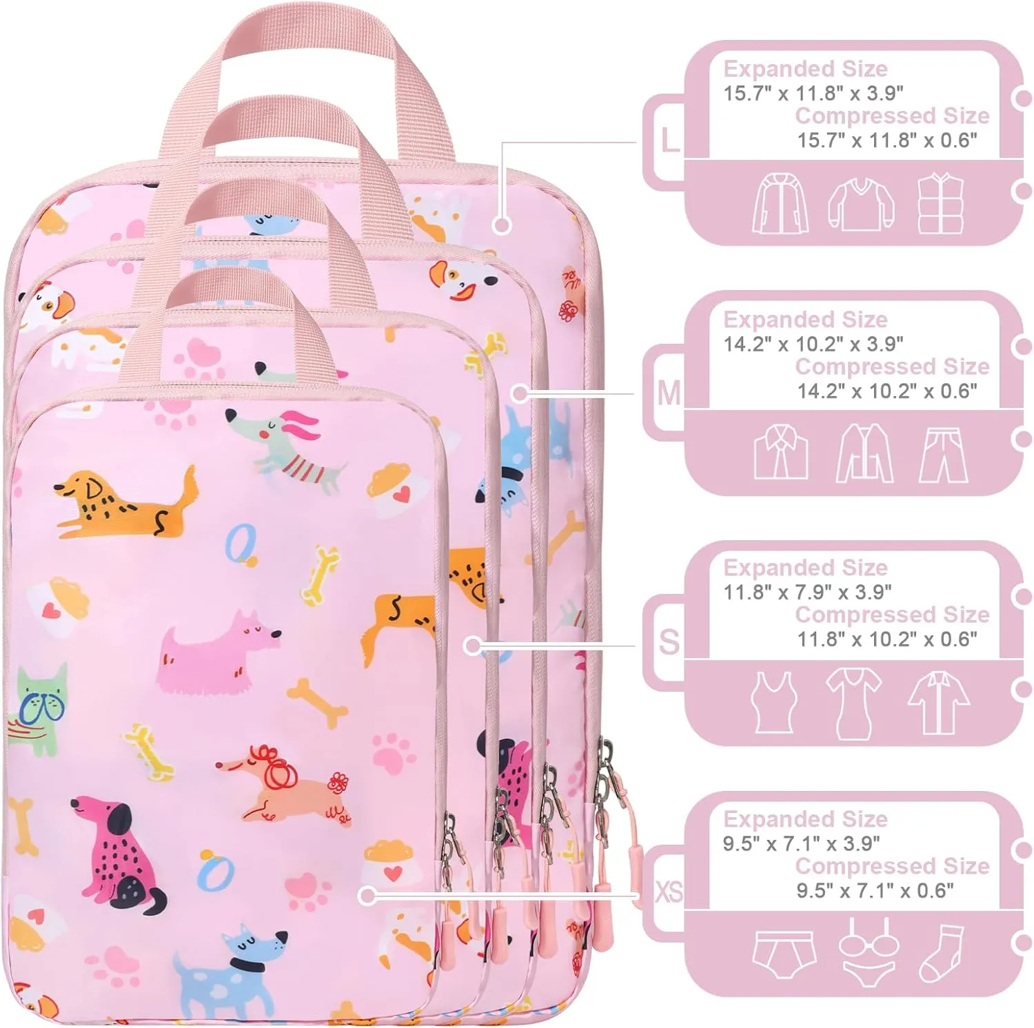 WOOMADA Compression Packing Cubes for Suitcases Travel Essentials 4 Set Expandable Travel Bags Organizer for Luggage(pink dog)