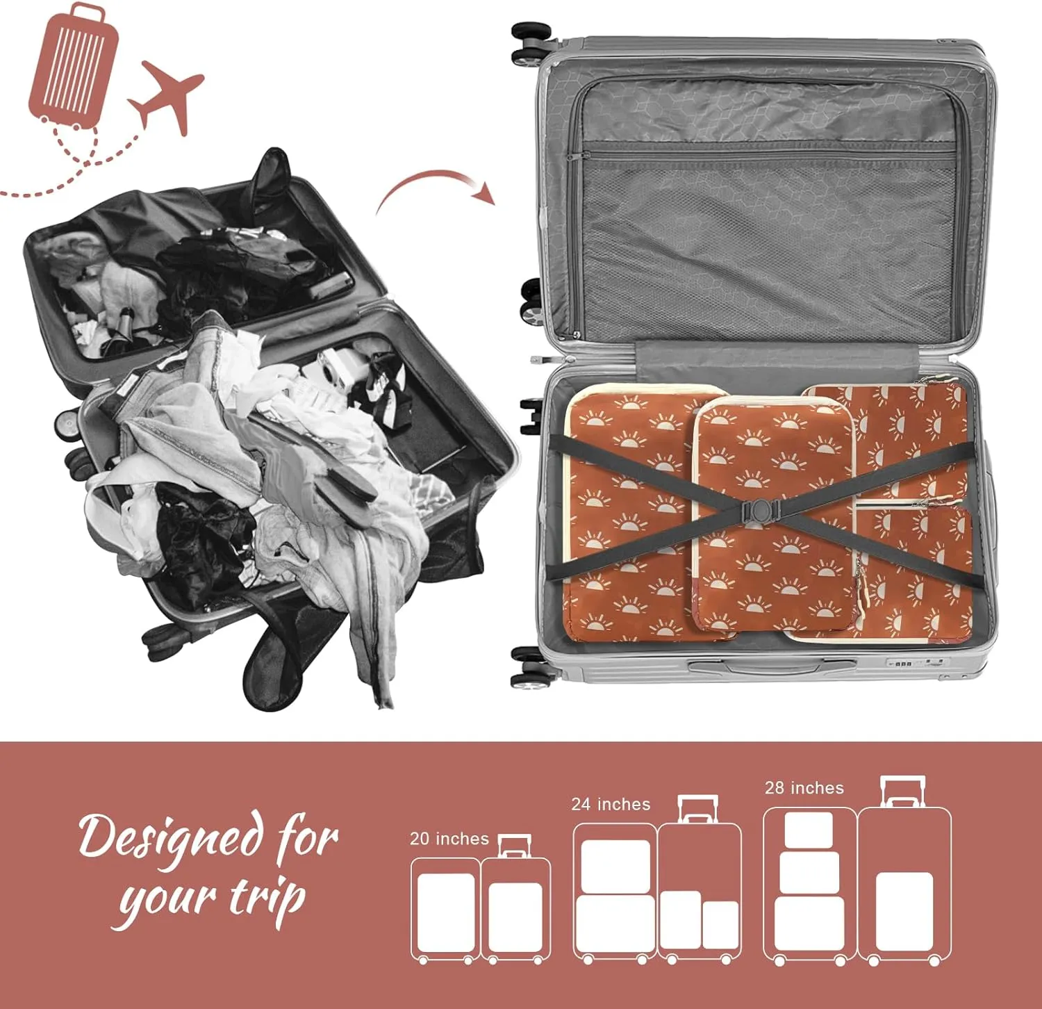 WOOMADA Compression Packing Cubes for Suitcases Travel Essentials 4 Set Expandable Travel Bags Organizer for Luggage(terracotta sunrise)
