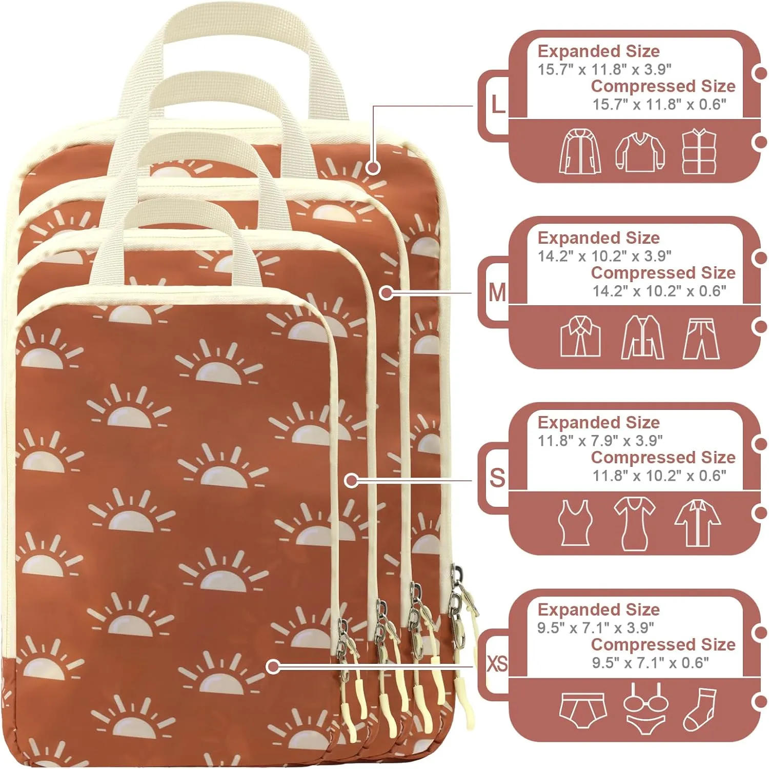 WOOMADA Compression Packing Cubes for Suitcases Travel Essentials 4 Set Expandable Travel Bags Organizer for Luggage(terracotta sunrise)