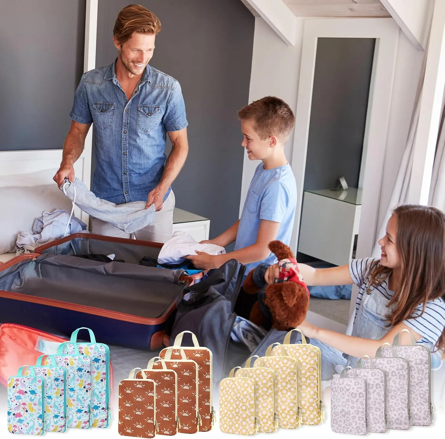 WOOMADA Compression Packing Cubes for Suitcases Travel Essentials 4 Set Expandable Travel Bags Organizer for Luggage(terracotta sunrise)