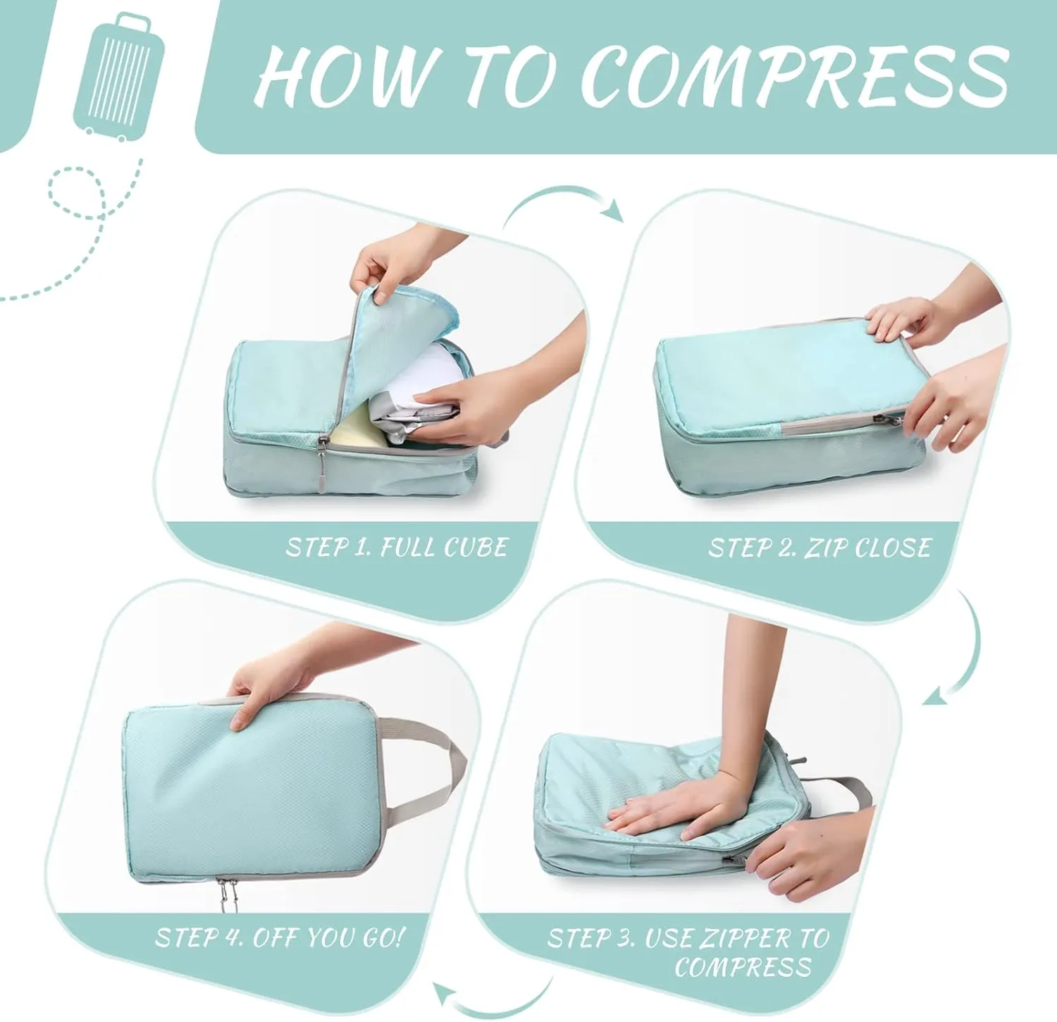 WOOMADA Compression Packing Cubes for Suitcases Travel Essentials 8 Set Expandable Travel Bags Organizer for Luggage(turquoise)