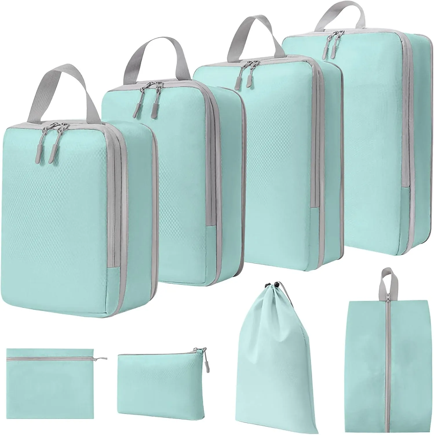 WOOMADA Compression Packing Cubes for Suitcases Travel Essentials 8 Set Expandable Travel Bags Organizer for Luggage(turquoise)